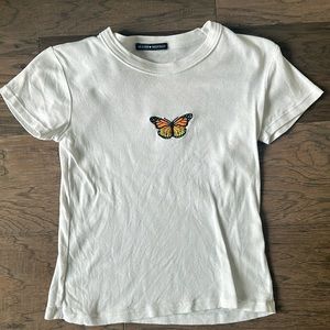 Brandy Melville-White T-Shirt with Butterfly Embroidery